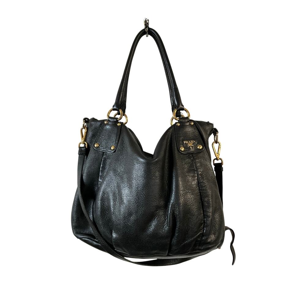 Prada Cervo Shine Black Leather Large Tote Shoulder Bag Gold Hardware